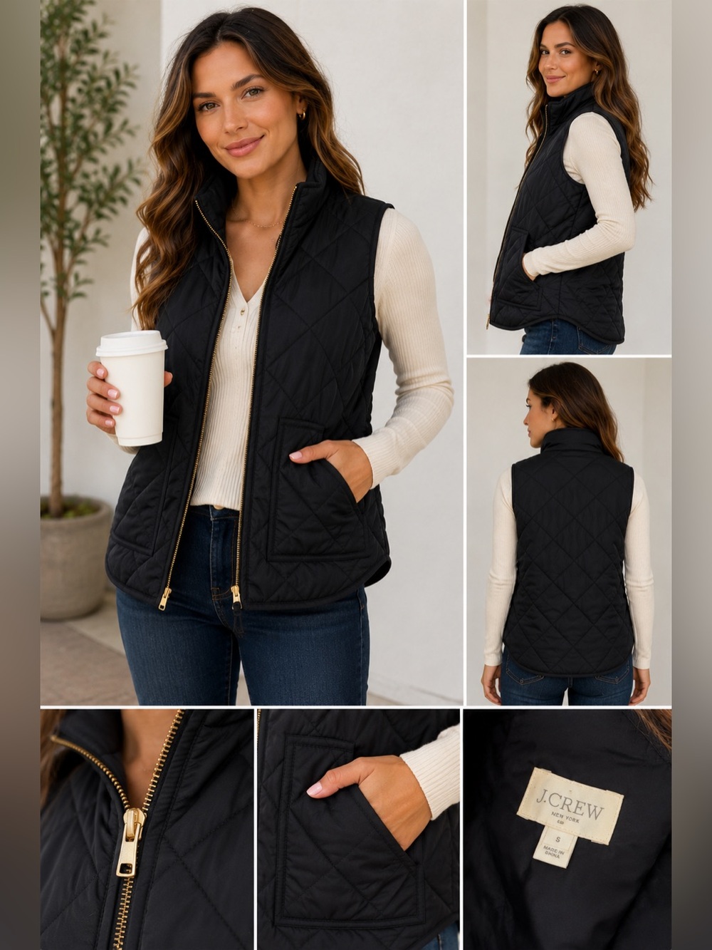 J.Crew Quilted Puffer Vest Womens Small Black Excellent Lightweight Gold Zip‎